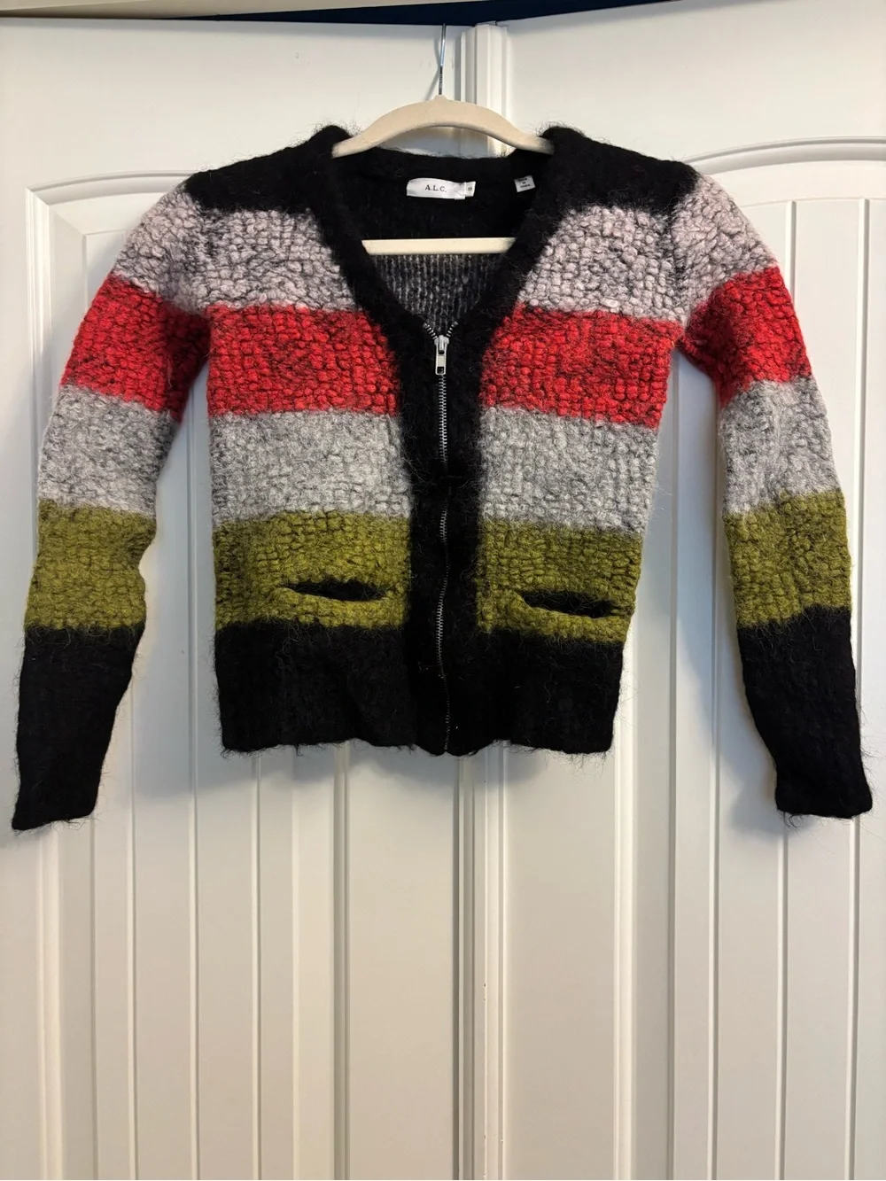 A.L.C. Alpaca/Wool Blend. Girls Striped Zip-Front Mohair Cardigan.